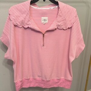 Umgee Pink Striped Sweatshirt with Scalloped Collar